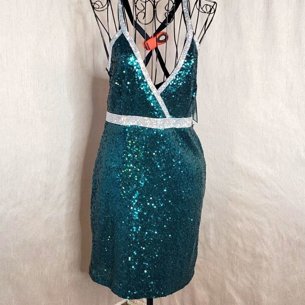 BABE SOCIETY "Doin Numbers" Emerald and Silver Sequin‎ Cocktail Dress Medium